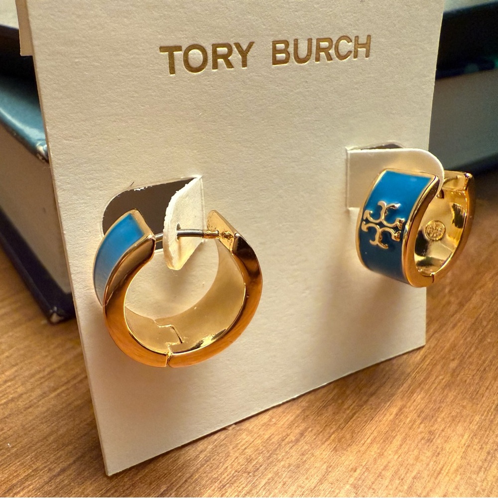 Tory Burch Gold and Teal Blue Logo Hoop Earrings